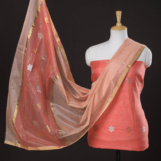 Orange - 2pc Chanderi Silk Handloom Flower Zari Buta Suit Material Set
