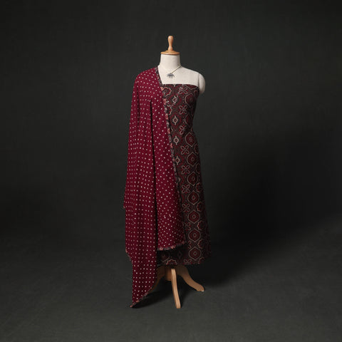 Hand Embroidered Ajrakh Block Print Cotton Natural Dyed 2pc Unstitched Dress Material Kurta Set with Jewellery 08