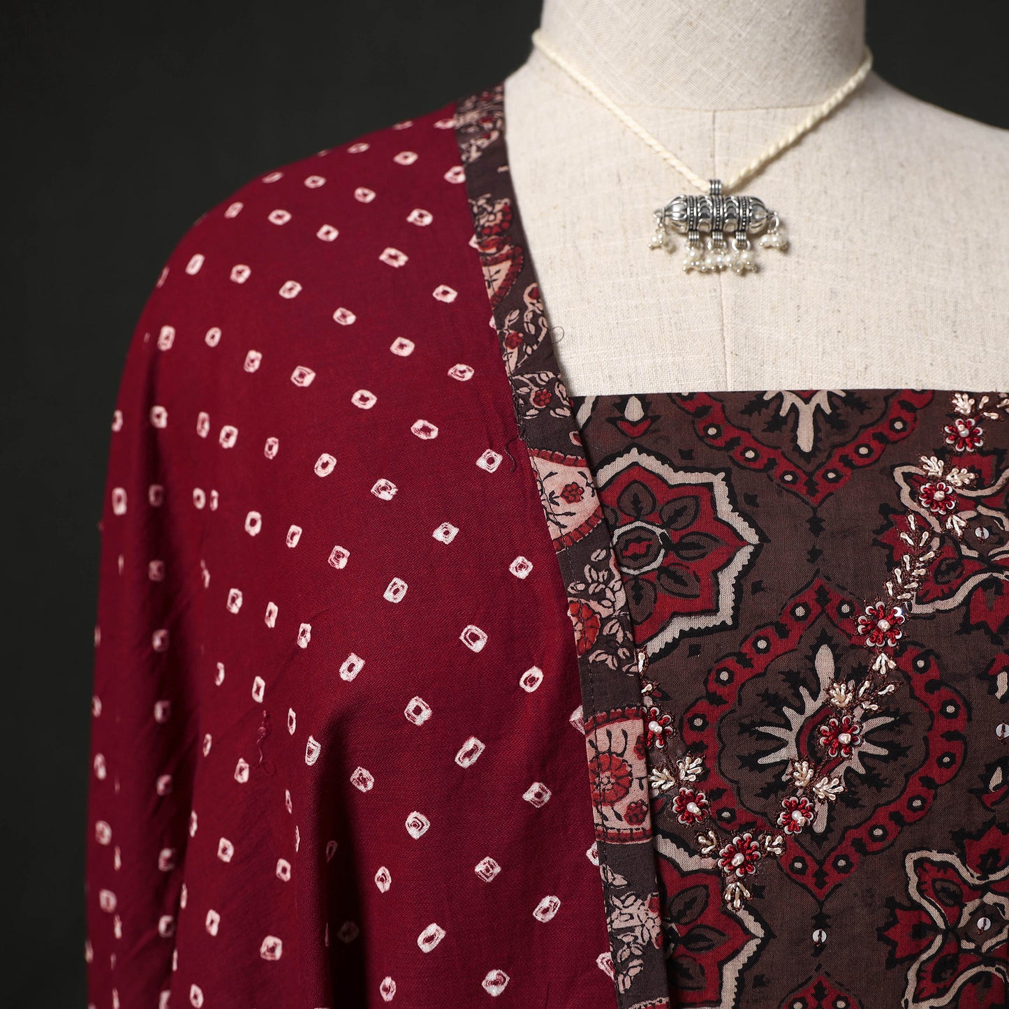 Hand Embroidered Ajrakh Block Print Cotton Natural Dyed 2pc Unstitched Dress Material Kurta Set with Jewellery 08