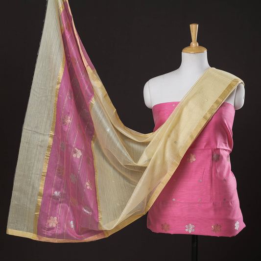 Pink - 2pc Chanderi Silk Handloom Flower Zari Buta Suit Material Set