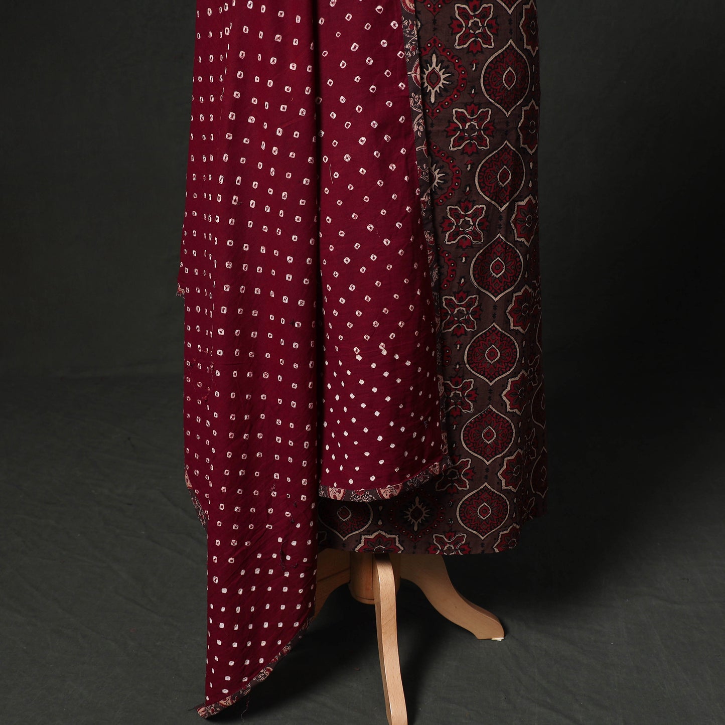 Hand Embroidered Ajrakh Block Print Cotton Natural Dyed 2pc Unstitched Dress Material Kurta Set with Jewellery 08
