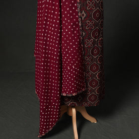 Hand Embroidered Ajrakh Block Print Cotton Natural Dyed 2pc Unstitched Dress Material Kurta Set with Jewellery 08