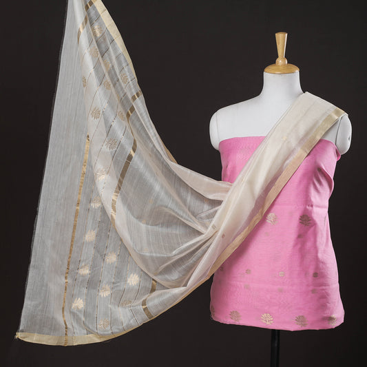 Pink - 2pc Chanderi Silk Handloom Flower Zari Buta Suit Material Set