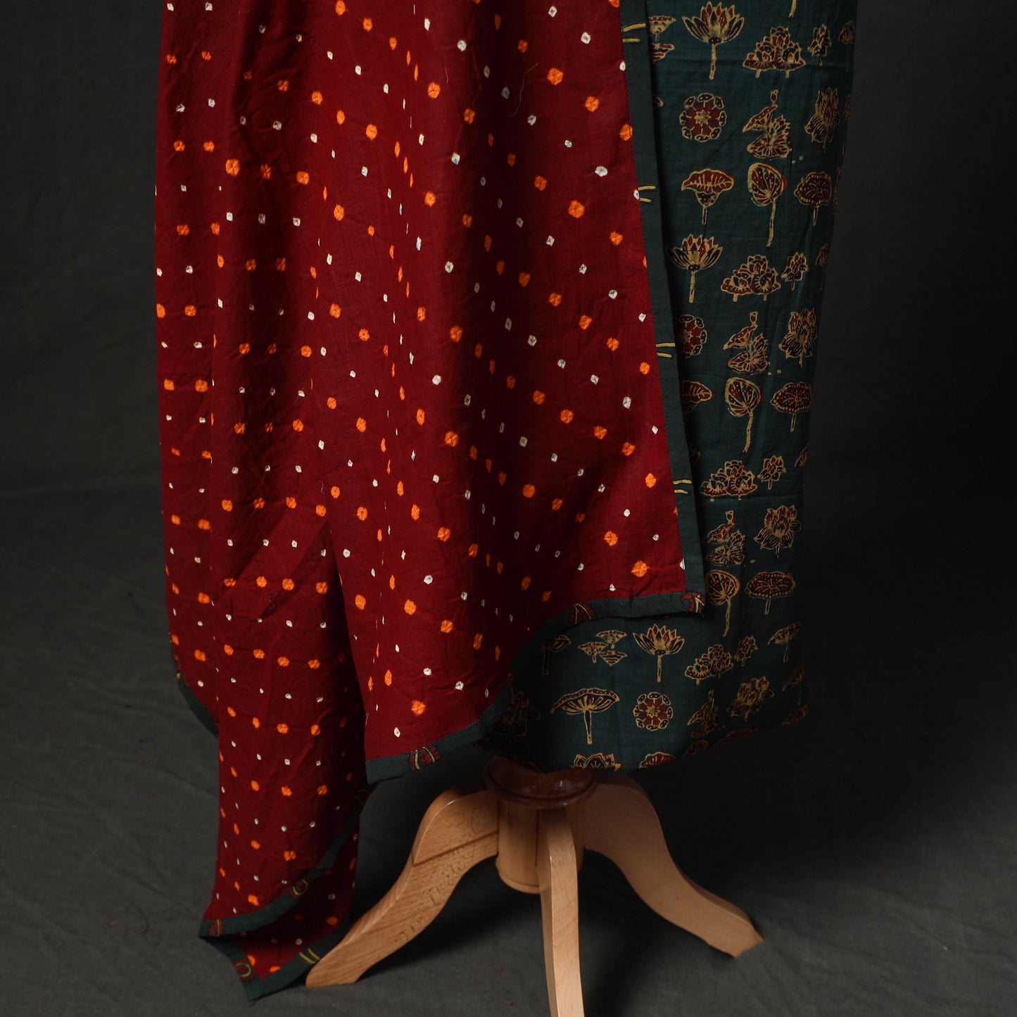Hand Embroidered Ajrakh Block Print Cotton Natural Dyed 2pc Unstitched Dress Material Kurta Set with Jewellery 09