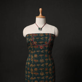 Hand Embroidered Ajrakh Block Print Cotton Natural Dyed 2pc Unstitched Dress Material Kurta Set with Jewellery 09