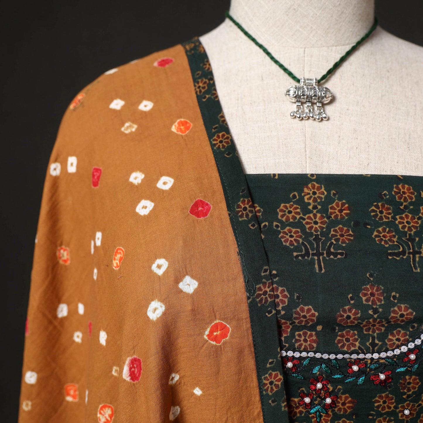 Hand Embroidered Ajrakh Block Print Cotton Natural Dyed 2pc Unstitched Dress Material Kurta Set with Jewellery 10
