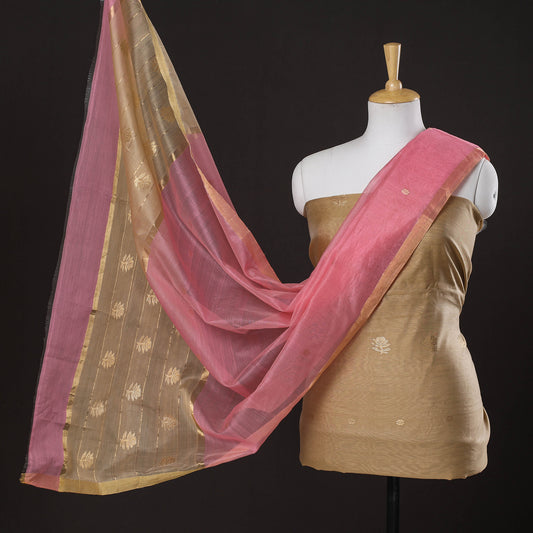 Brown - 2pc Chanderi Silk Handloom Flower Zari Buta Suit Material Set