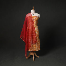 Hand Embroidered Batik Block Print Cotton 2pc Unstitched Dress Material Kurta Set with Jewellery 11