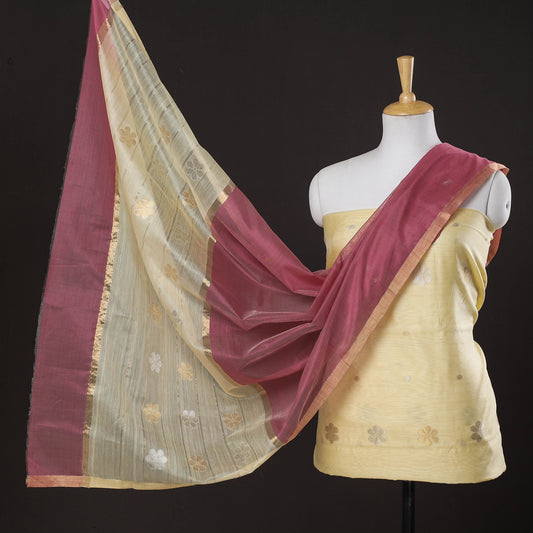 Yellow - 2pc Chanderi Silk Handloom Flower Zari Buta Suit Material Set