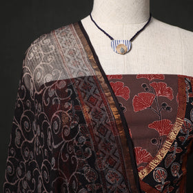 Ajrakh Hand Block Print Cotton Natural Dyed Patchwork 2pc Unstitched Dress Material Kurta Set with Jewellery 12