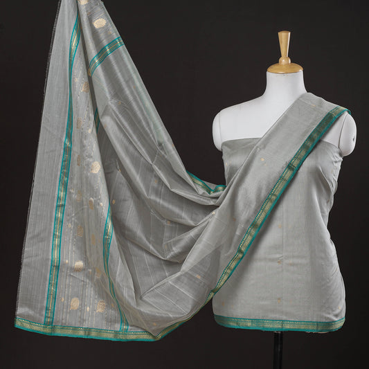 Grey - 3pc Chanderi Silk Handloom Nakshi Zari Suit Material Set