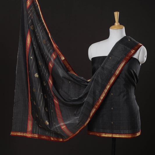 Black - 3pc Chanderi Silk Handloom Nakshi Zari Suit Material Set