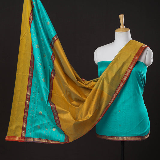 Green - 3pc Chanderi Silk Handloom Nakshi Zari Suit Material Set