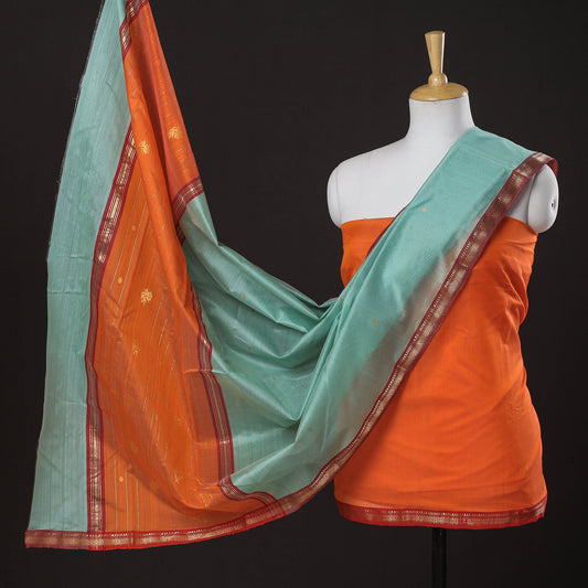 Orange - 3pc Chanderi Silk Handloom Nakshi Zari Suit Material Set
