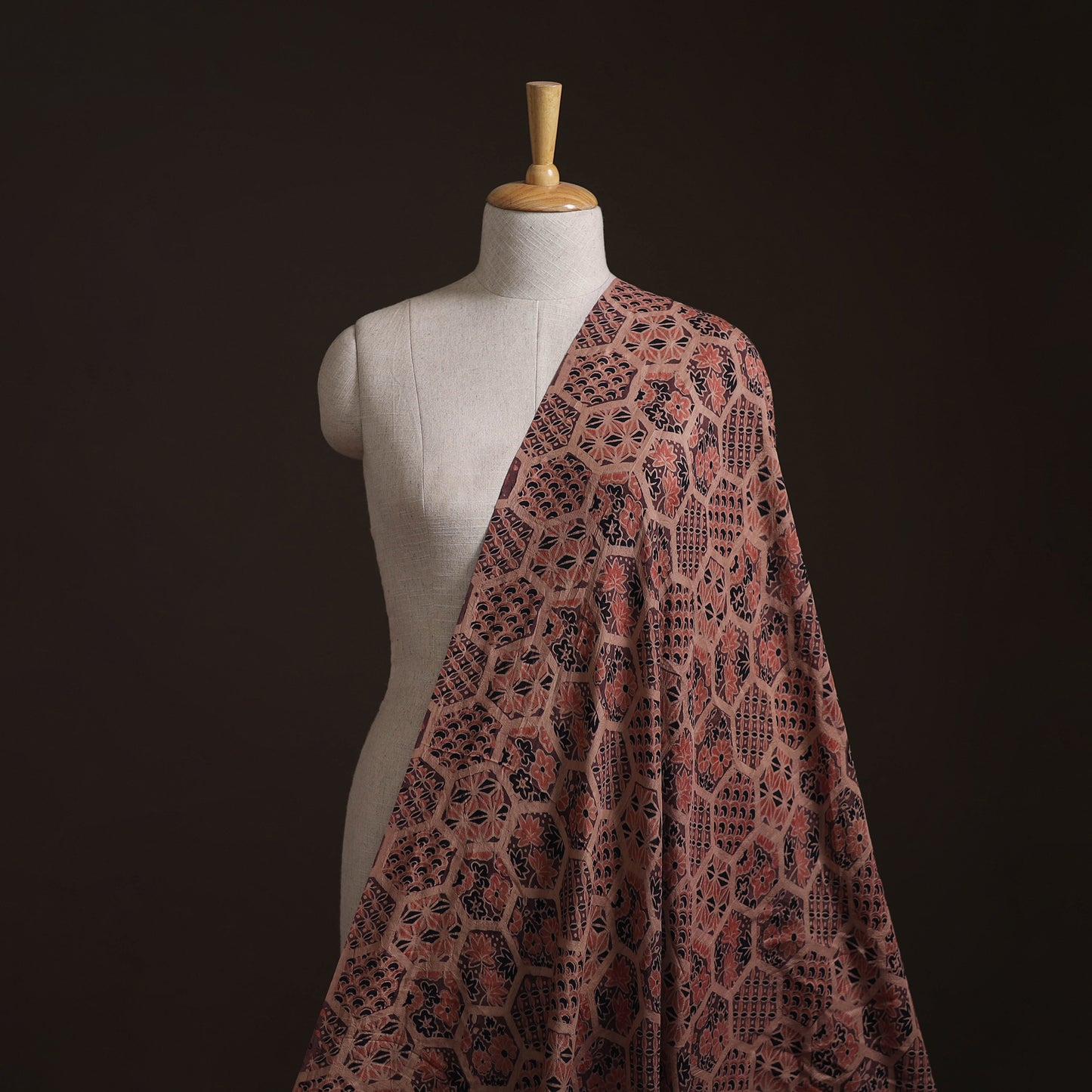 Ajrakh Hand Block Print Natural Dyed Handspun Handwoven Mulberry Silk Fabric 02