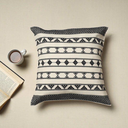 Beige - Urmul Kashida Stitch Handloom Cotton Cushion Cover (18 x 18 in)