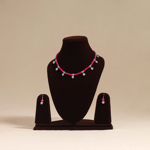 Pink - german silver wooden beads necklace set 04