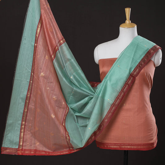 Brown - 3pc Chanderi Silk Handloom Nakshi Zari Suit Material Set