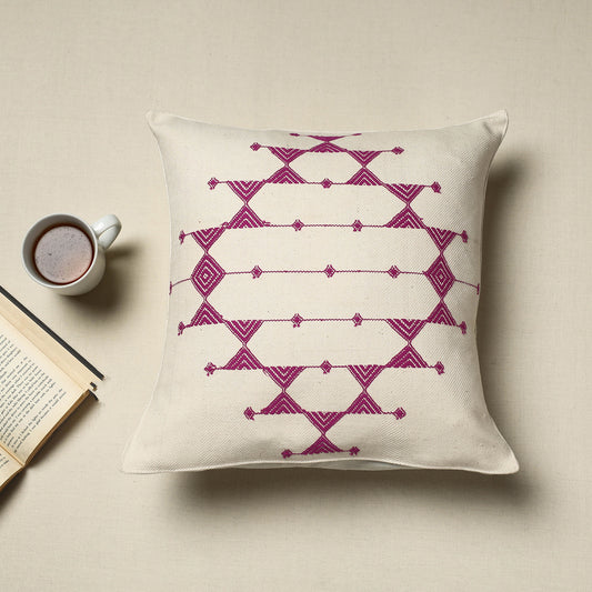 White - Urmul Kashida Stitch Handloom Cotton Cushion Cover (16 x 16 in)