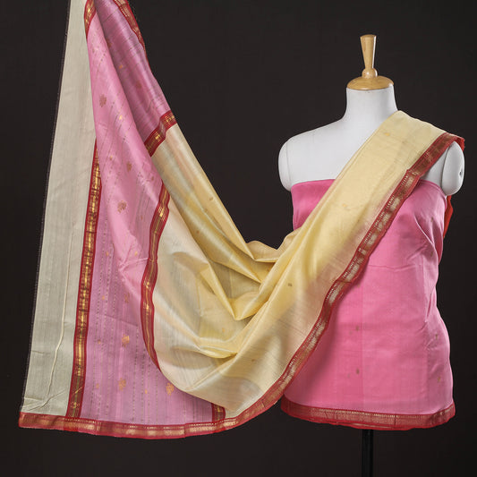 Pink - 3pc Chanderi Silk Handloom Nakshi Zari Suit Material Set