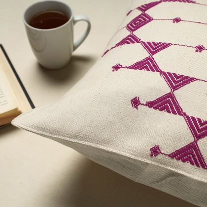 White - Urmul Kashida Stitch Handloom Cotton Cushion Cover (16 x 16 in)