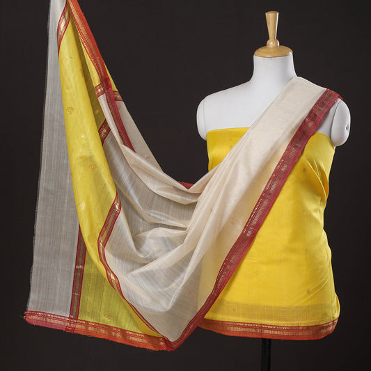 Yellow - 3pc Chanderi Silk Handloom Nakshi Zari Suit Material Set