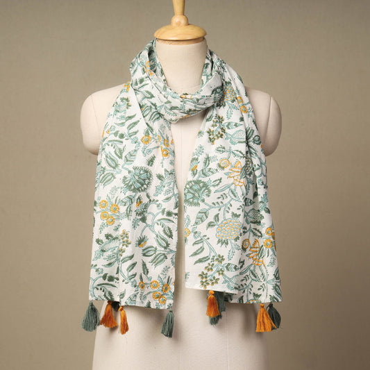 White with Green Flowers Sanganeri Block Printed Cotton Stole