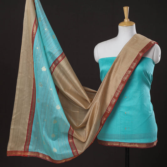 Blue - 3pc Chanderi Silk Handloom Nakshi Zari Suit Material Set