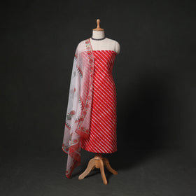 Leheriya Tie-Dye 2pc Cotton Unstitched Dress Material Kurta Set with Earrings 09