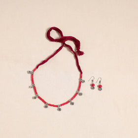 Red - german silver wooden beads necklace set 07