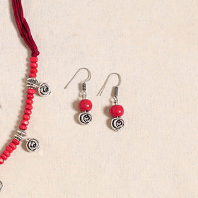 Red - german silver wooden beads necklace set 07