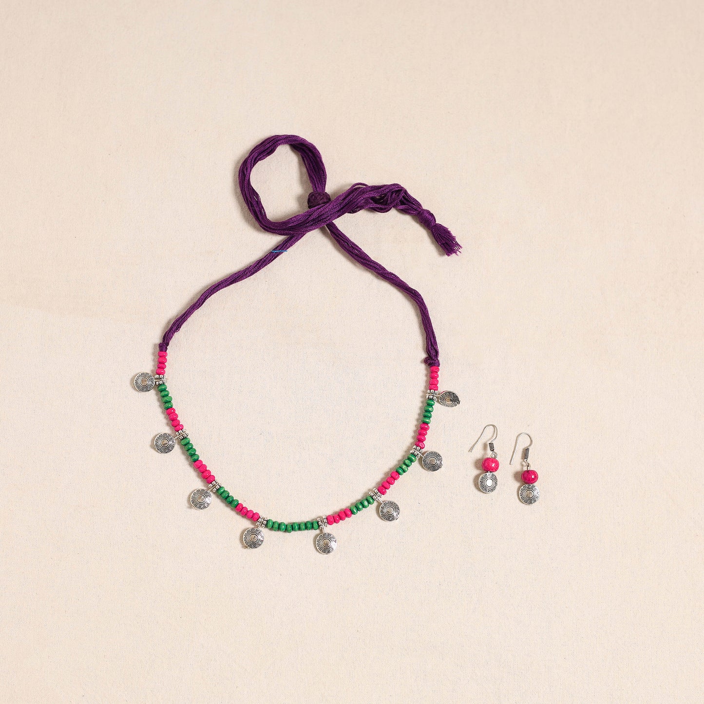 Pink - german silver wooden beads necklace set 05