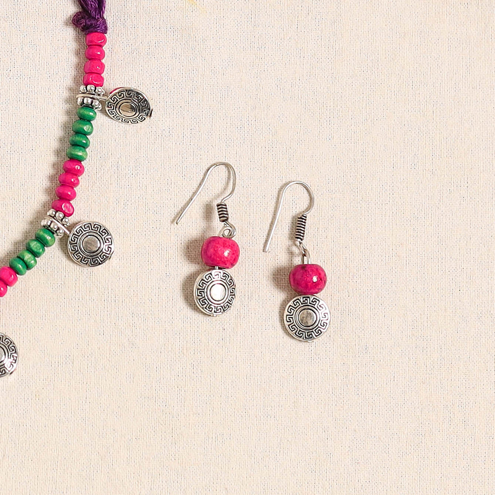 Pink - german silver wooden beads necklace set 05