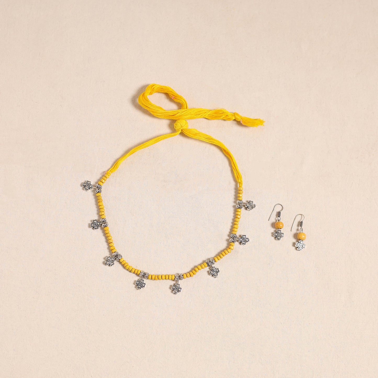 Yellow - german silver wooden beads necklace set 01