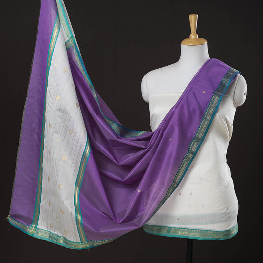 White - 3pc Chanderi Silk Handloom Nakshi Zari Suit Material Set