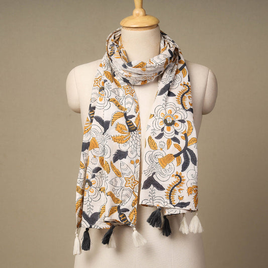 Multicolor - White with Lily Flowers Sanganeri Block Printed Cotton Stole