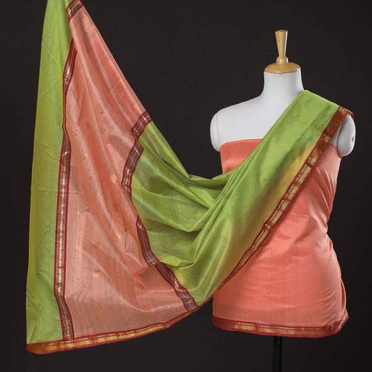 Peach -3pc Chanderi Silk Handloom Suit Material Set with Nakshi Zari Border