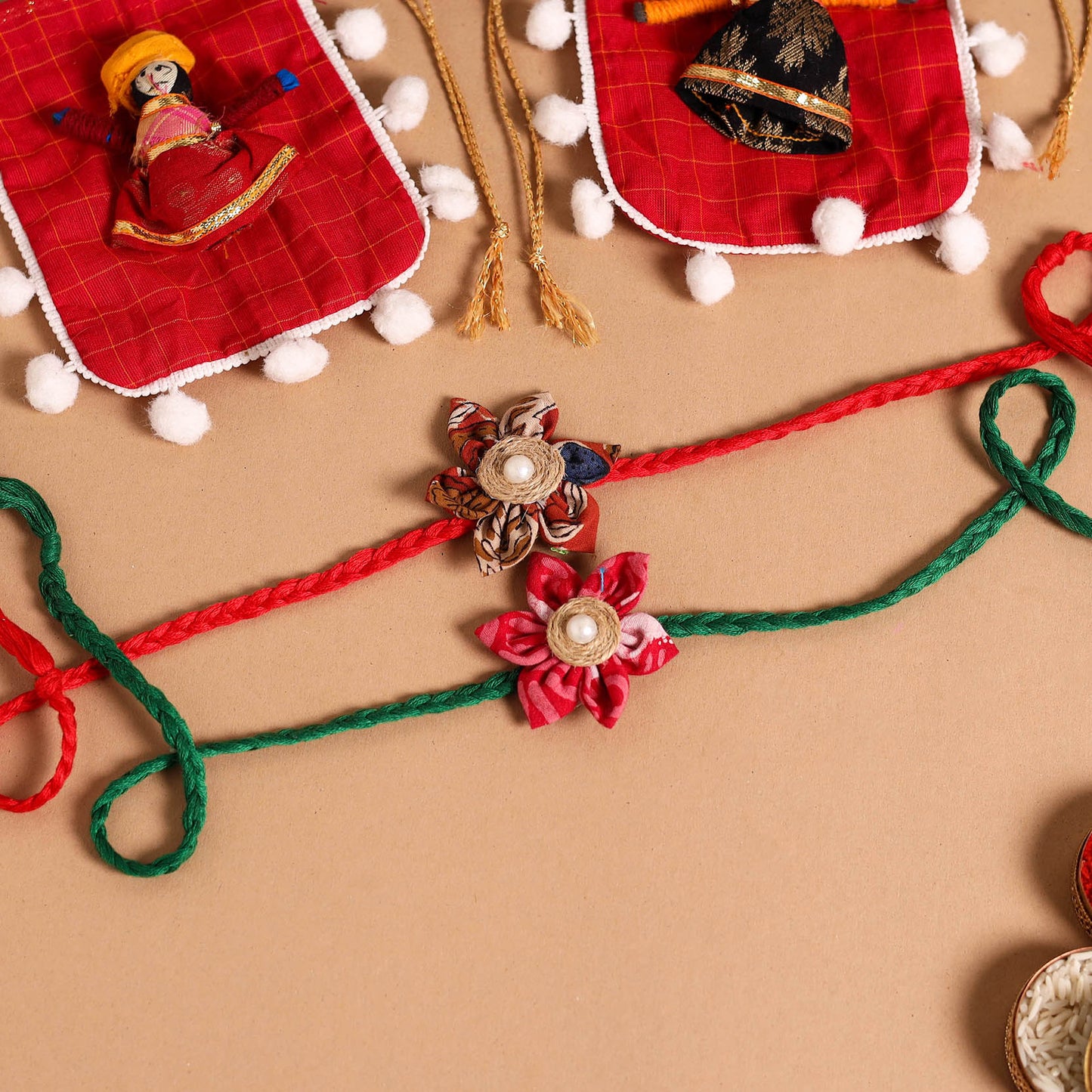  Handmade Fabric Flower Jute Rakhi (Set of 2)