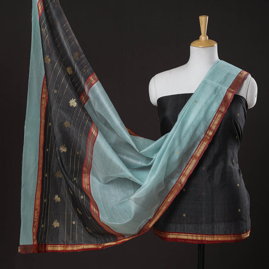 Black - 3pc Chanderi Silk Handloom Nakshi Zari Suit Material Set