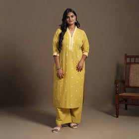 Yellow Cotton Jacquard Kurta Set (Set of 2)