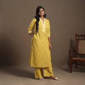 Yellow Cotton Jacquard Kurta Set (Set of 2)