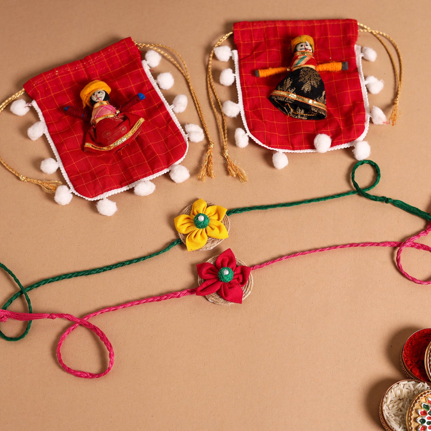  Handmade Fabric Flower Jute Rakhi (Set of 2)