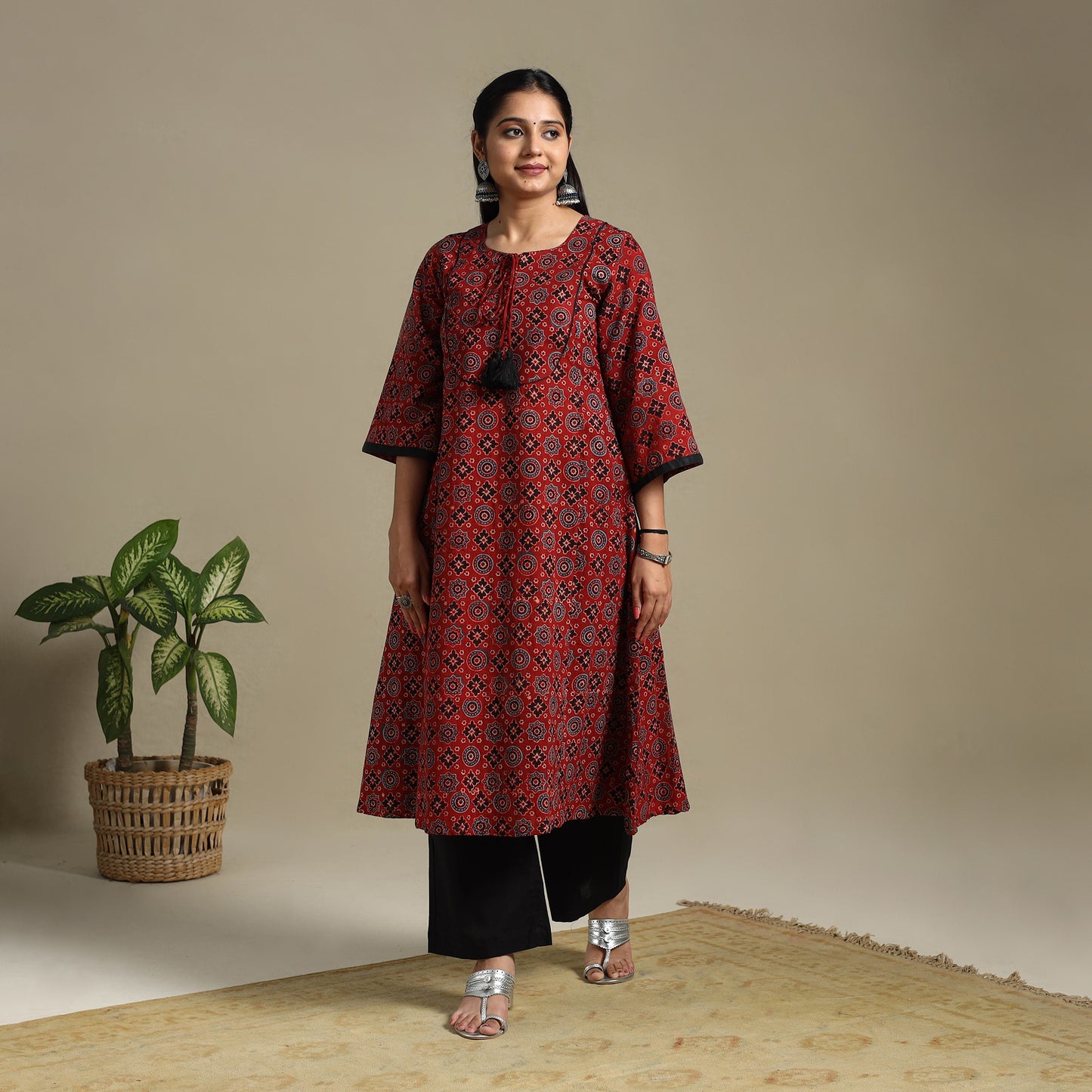 Red Block Print Natural Dyed Cotton A-Line Ajrakh Kurta