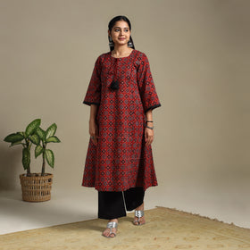 Red Block Print Natural Dyed Cotton A-Line Ajrakh Kurta
