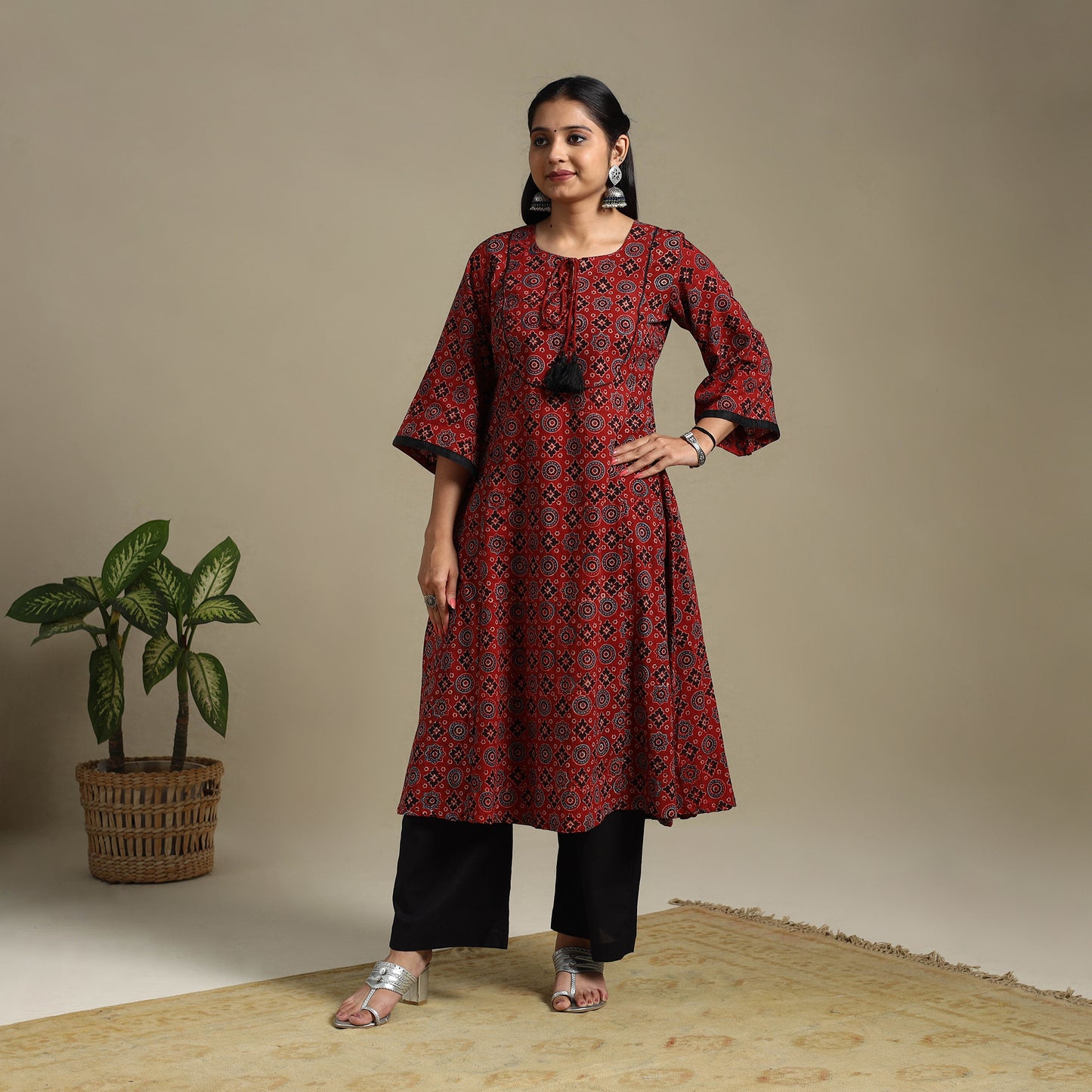Red Block Print Natural Dyed Cotton A-Line Ajrakh Kurta