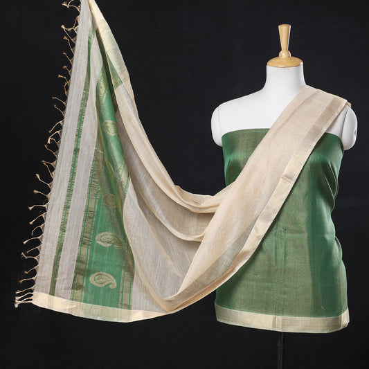Green - 2pc Maheshwari Silk Tissue Zari Handloom Suit Material Set