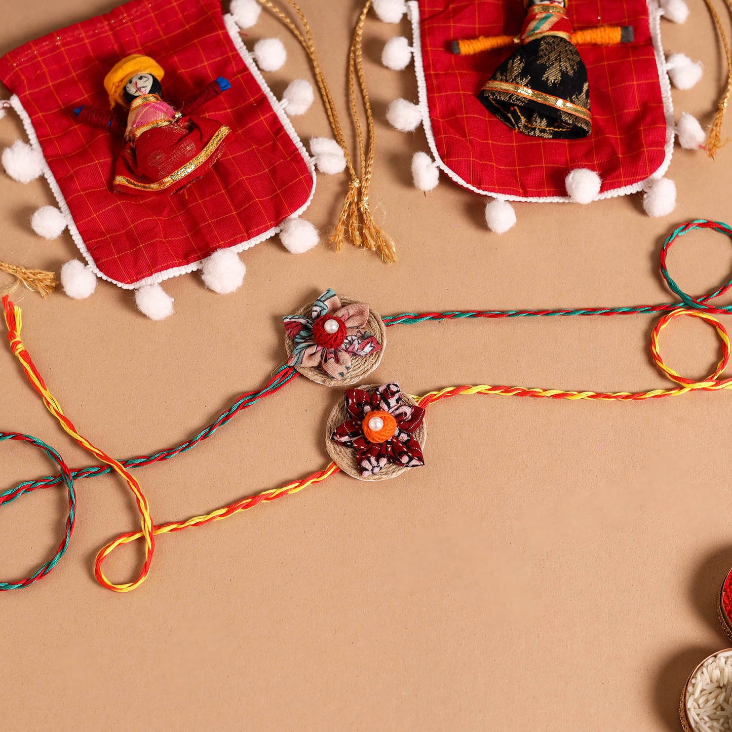  Handmade Fabric Flower Jute Rakhi (Set of 2)