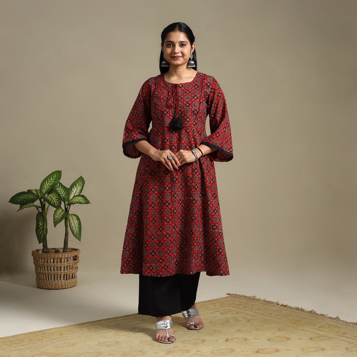 Red Block Print Natural Dyed Cotton A-Line Ajrakh Kurta
