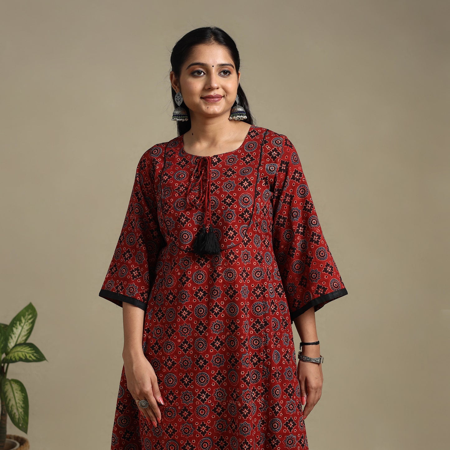 Red Block Print Natural Dyed Cotton A-Line Ajrakh Kurta