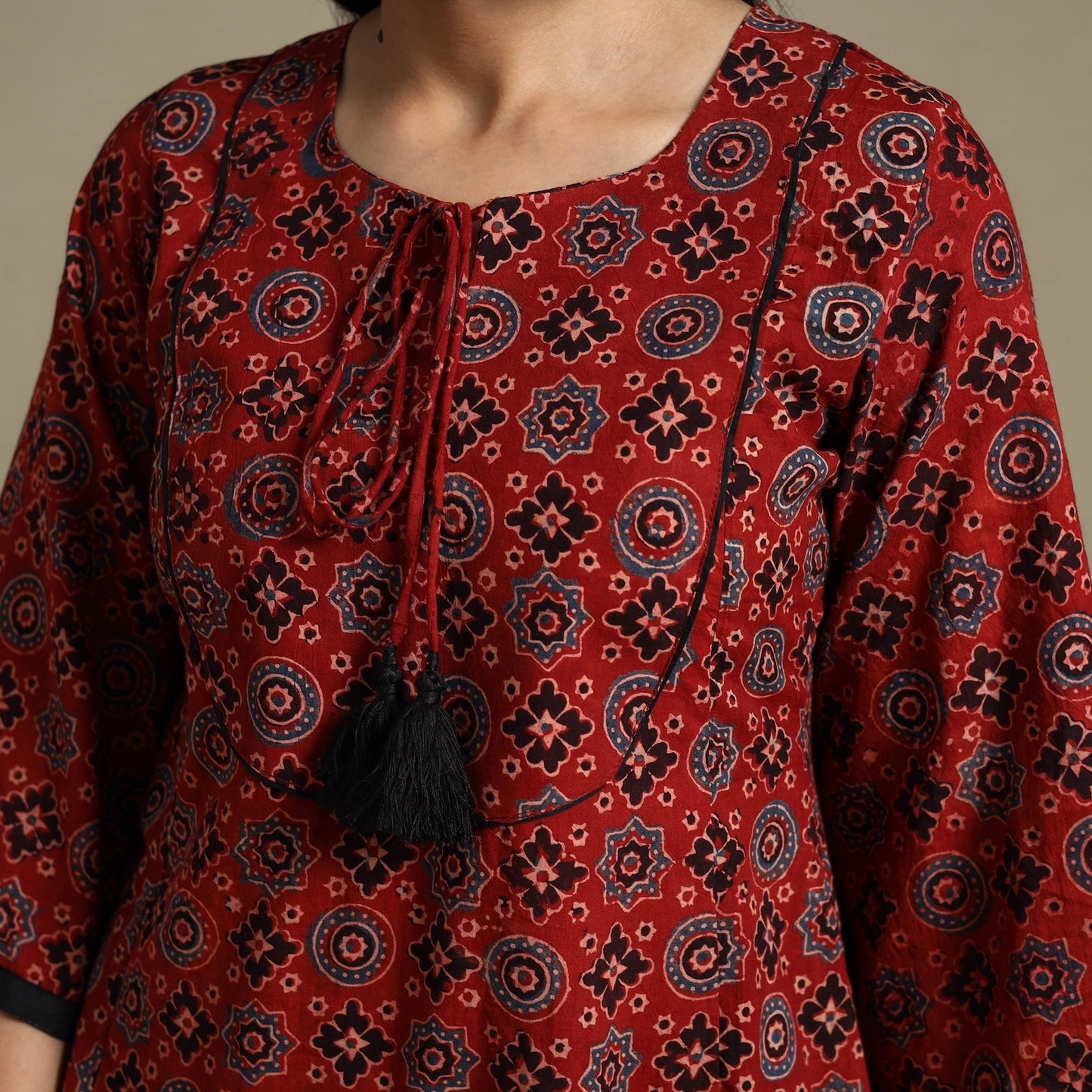 Red Block Print Natural Dyed Cotton A-Line Ajrakh Kurta